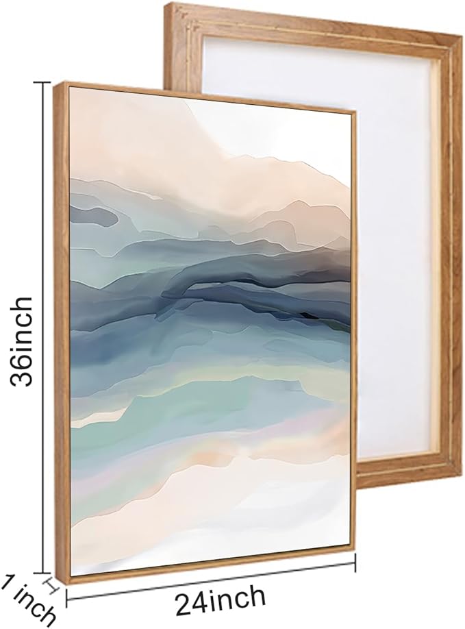 HLNIUC Blue Abstract Wall Art, Watercolor Line 24"x36" Framed Art Set of 3, Modern Wave Canvas Wall Decor, Natural Landscape Paint Stroke Prints for Living Room, Bedroom, Office