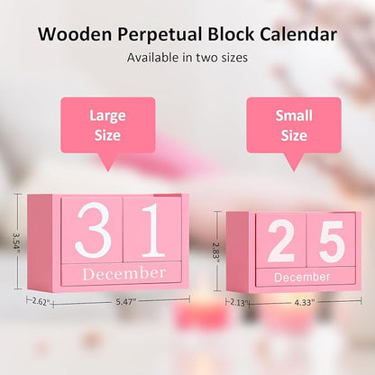 Wooden Block Calendar for Desk, Small Size Daily Desktop Perpetual Desk Calendar, Cute Date Display Desk Accessories for Home Office Decor, Teacher, Classroom, Reusable Yearly, Pink