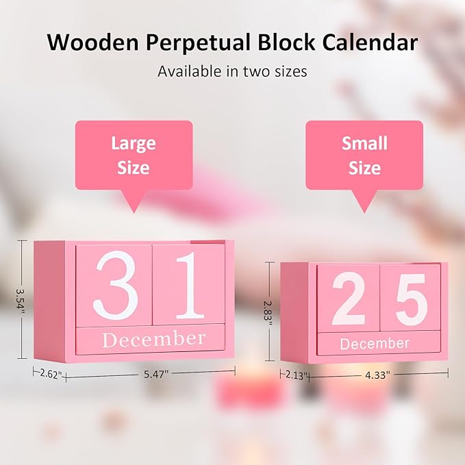 Wooden Block Calendar for Desk, Large Size Daily Desktop Perpetual Desk Calendar, Cute Date Display Desk Accessories for Home Office Decor, Teacher, Classroom, Reusable Yearly, Pink