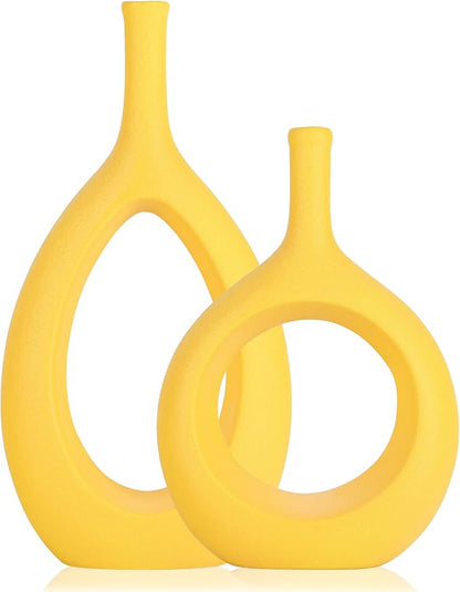 Yellow Ceramic Hollow Elliptical Vase Set of 2 - Boho Circle Vase with Hole, for Modern Yellow Table Decor, Living Room Decor Shelf mid Century Modern Home Entrance Decorative vase