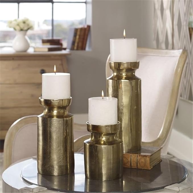 Bowery Hill Modern Candleholder Set, Cast Aluminum with Antique Brass Finish, Includes 3 White Candles, Textured Design, Decorative Candle Holders for Home Décor or Living Room Display