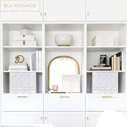 BLU MONACO Set of 4 Magazine Holders | White Marble Design with Gold Label Holders | Foldable File Organizer Boxes for Desk, Office & Classroom | Stylish Paper & Magazine Storage