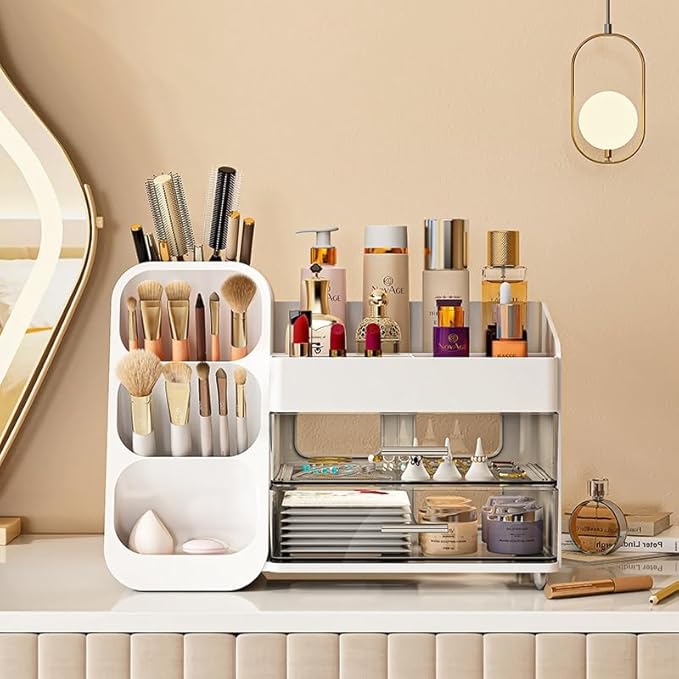 Makeup Organizer with Drawers,Large Capacity Countertop Organizer for Vanity,Bathroom and Bedroom Desk Cosmetics Organizer,Easy To Storage Skincare,Brushes, Eyeshadow, Lotions, Lipstick (White)