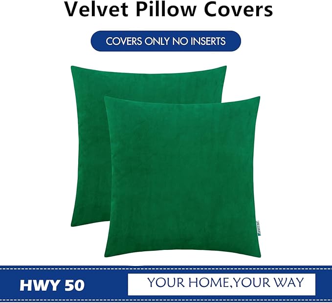 HWY 50 Dark Green Velvet Throw Pillow Covers 18x18 Inch, Pack of 2 Soft Cozy Solid Decorative Luxury Cushion Cases for Couch Sofa Bed Living Room Bedroom