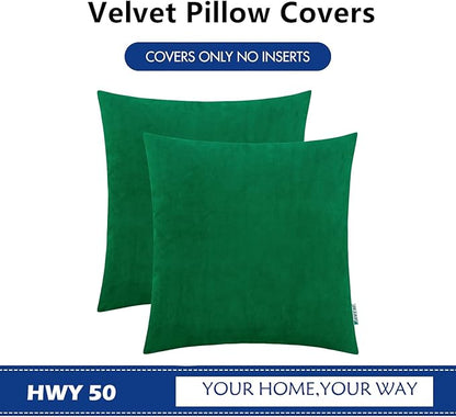 HWY 50 Dark Green Velvet Throw Pillow Covers 16x16 Inch, Pack of 2 Soft Cozy Solid Decorative Luxury Cushion Cases for Couch Sofa Bed Living Room Bedroom