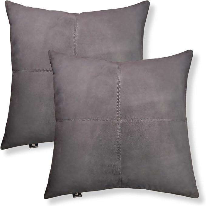 LL LEATHER LOVERS Genuine Suede Leather Pillow Cover, 22x22 Inch Case for Lumbar Throw Couch Pillows, Thick & Soft Cushion Covers for Sofa Bed Home Decor (Suede Grey Plain Pack of 2)