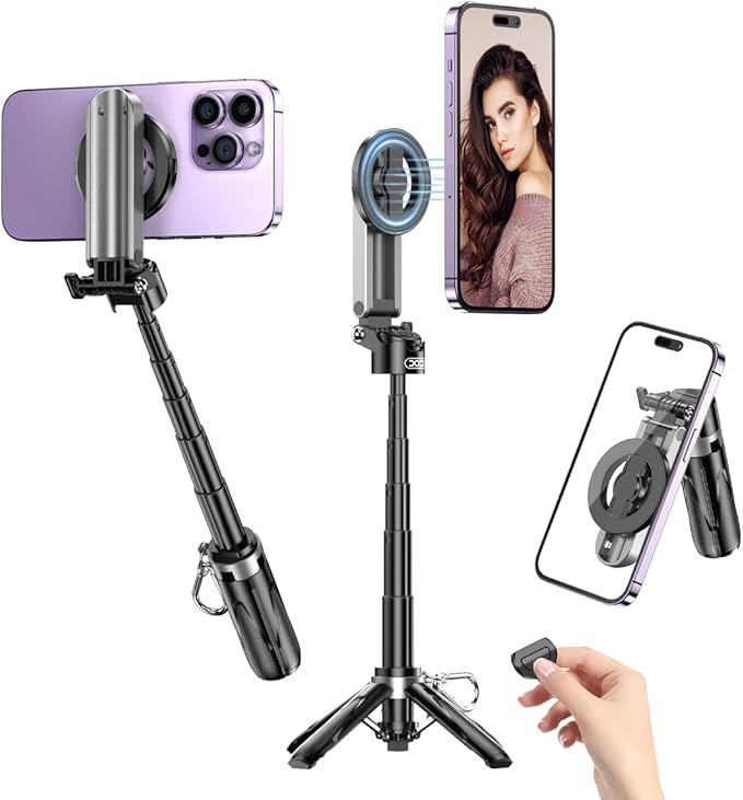Magnetic Tripod for iPhone with Remote Control,4-in-1 Portable Selfie Stick with Extendable Stand,Phone Travel Tripod for Phone 17 16 15 14 13 12 Pro Max Mini