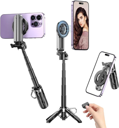 Magnetic Tripod for iPhone with Remote Control,4-in-1 Portable Selfie Stick with Extendable Stand,Phone Travel Tripod for Phone 17 16 15 14 13 12 Pro Max Mini
