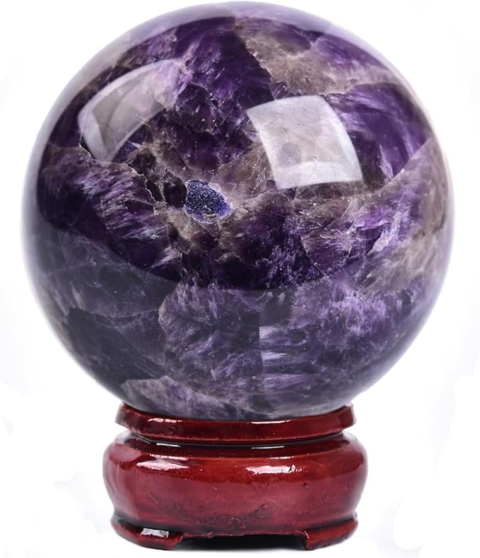 JIC Gem Chevron Amethyst Crystal Ball Healing Crystals Sphere with Wooden Stand Meditation Home Decor 2.3-2.7 inch (60-70mm)