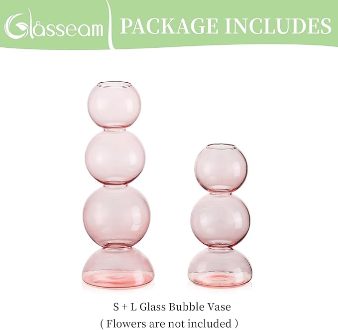 Glasseam Pink Vase for Flowers, Cute Handmade Glass Vase Set of 2, Aesthetic Small Bud Vase Decor, Unique Hydroponic Plant Vases, Decorative Round Ball Bubble Vase for Living Room Decorations