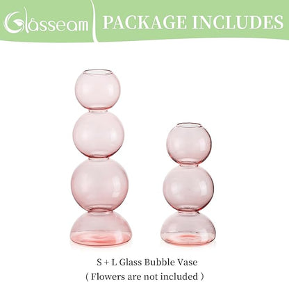 Glasseam Pink Vase for Flowers, Cute Handmade Glass Vase Set of 2, Aesthetic Small Bud Vase Decor, Unique Hydroponic Plant Vases, Decorative Round Ball Bubble Vase for Living Room Decorations