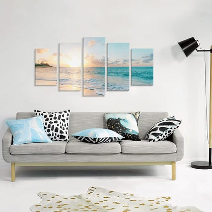 Goldfoilart 5 Pieces Beach Sunset Canvas Wall Art Blue Sea Prints Romantic Ocean Waves Pictures Painting for Living Room Bedroom Home Decorations Wall Decor Ready to Hang