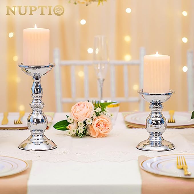 Nuptio Pillar Candle Holders Metal Candle Holder Ideal for 3 inches Candles, Silver Candle Holder for Living Room, Gardens, Spa, Aromatherapy, Incense Cones, Wedding, Party, 2 Pcs