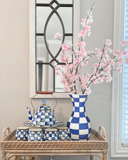 Blue and White Flower Vase, 11 Inch Tall Ceramic Vase in Wide Mouth Plain Pattern, Large Retro Chinoiserie Vase Decor Side Table Centerpiece Mantel Living Room Bookshelf Antique Grand Millennial Decor