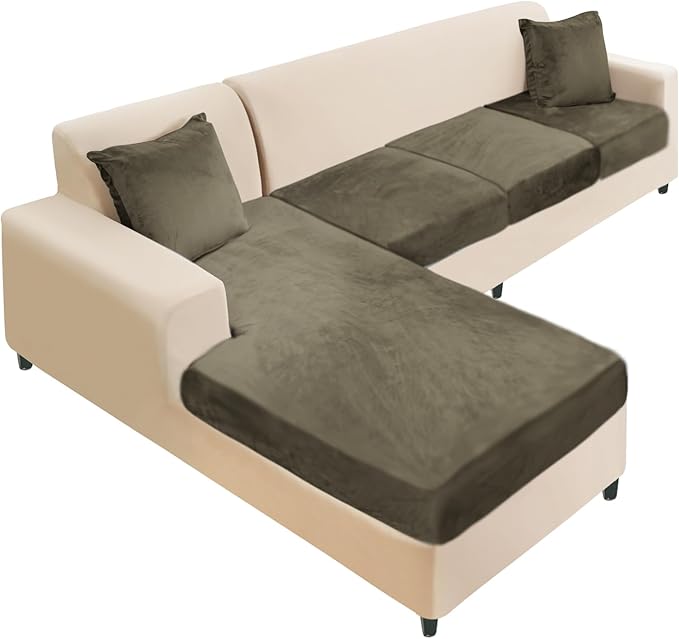 Sectional Couch Cover 4 Pieces Velvet Separate Couch Cushion Covers L Shape Soft Stretch Sofa Slipcovers with 2pcs Pillowcases for Left/Right Chaise Sectional Couch(3 Seater+1 Chaise,Olive Green)