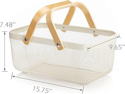 IBWell Square Metal Wire Woven Fruit Storage Bowl Basket with Wooden Handle, Large Black Mesh Fruit Stand, Multi-function Hanging Kitchen Baskets (White, Extended)