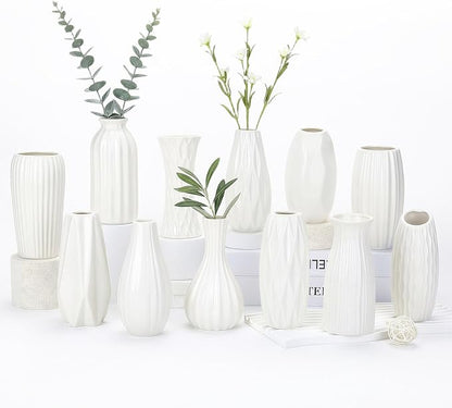 BEAHOT Ceramic Bud Vase Set of 12 - Glossy White Bud Vases: Unique Glazed Mini White Centerpiece for Flowers, Weddings, DIY Floral Decor - Boho & Modern Home Table Styling, Gift Ready