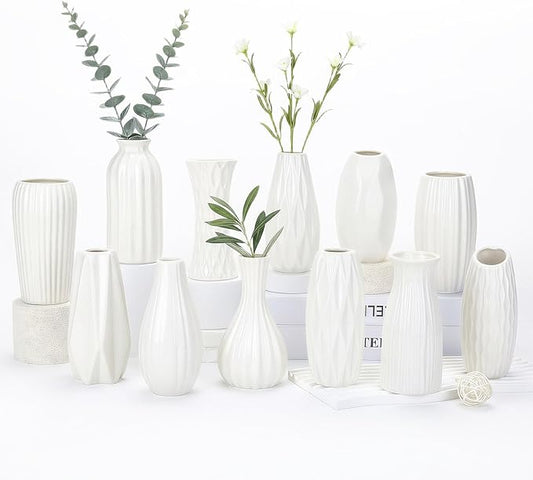BEAHOT Ceramic Bud Vase Set of 12 - Glossy White Bud Vases: Unique Glazed Mini White Centerpiece for Flowers, Weddings, DIY Floral Decor - Boho & Modern Home Table Styling, Gift Ready