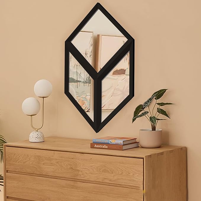 Geometric Wall Mounted Mirrors DIY Wood Framed Home & Office Decor Glass Mirror, Black