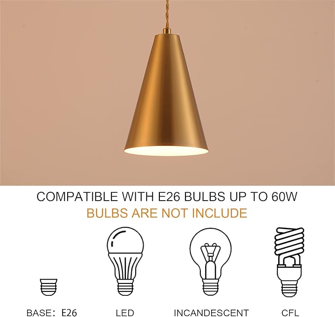 Dijiahua Brass Pendant Lights Kitchen Island,Gold Dining Room Light Fixtures Over Table with Cone Metal Shade, Modern Vintage Mini Chandeliers,Adjustable Cord Hanging Lighting for Bar,Sink.(1 Pack)