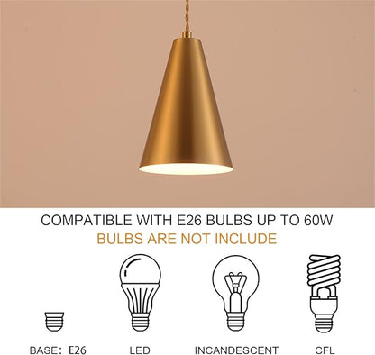 Dijiahua Brass Pendant Lights Kitchen Island,Gold Dining Room Light Fixtures Over Table with Cone Metal Shade, Modern Vintage Mini Chandeliers,Adjustable Cord Hanging Lighting for Bar,Sink.(1 Pack)