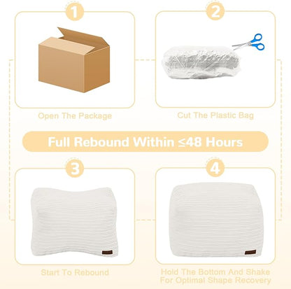 MeMoreCool Square Stuffed Pouf Ottoman Foot Rest, Stripe Furry Floor Pouf Foot Stool with Foam Chunk Filling, Soft Fluffy Stuffed Ottoman Footrest for Living Room, Corduroy Beige