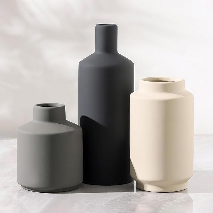 Modern Ceramic Vase Set, Neutral Decorative Vases for Home Decor, Small Flower Pottery Vase Sets for Pampas Grass Dried Flowers, for Living Room, Mantel, Shelf, Bedroom, Bathroom