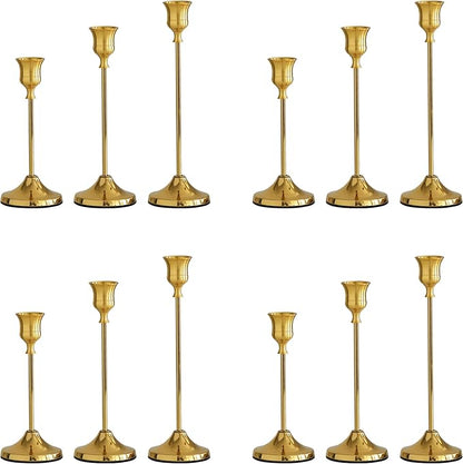 Taper Candle Holders, Tall Vintage Metal Candlestick Holders, 12 PCS Gold Candle Sticks Holders for Home Decor Table Centerpiece Wedding Housewarming Festival, Gold, 4 Sets (12 pcs)