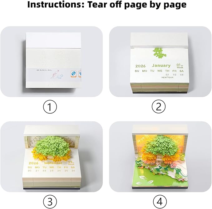 3D Calendar 2026, Desk Calendar With LED Light, 3d Tree Memo Pad Creative Desk Calendar, Christmas Gift for Colleague Friend, Desktop Decoration
