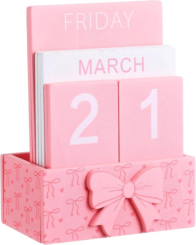 Pink Bow Wood Block Perpetual Calendar Coquettish Desk Decor Cute Month Week Date Display Decorative Block Calendar for Women Office Home Desk Gift for Women