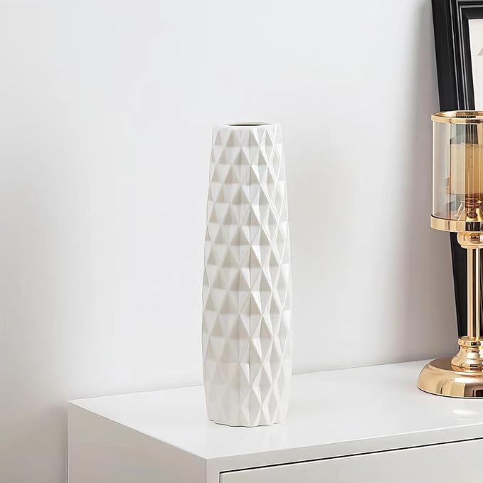 12Inch Tall Ceramic White Flower Vases,Home Decor White Vase for Pampas Grass,Modern Textured Vases for Living Room Decorations,Table Centerpieces,Shelf,Farmhouse Small Ceramic Vase