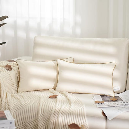Aeckself Pack of 2 Cream White Velvet Lumbar Pillow Covers, Modern Luxury Decorative Pillowcase with Gold Trim Edge, Comfortable Soft Solid Cushion Case for Couch Bedroom Living Room 12 x 20 Inch