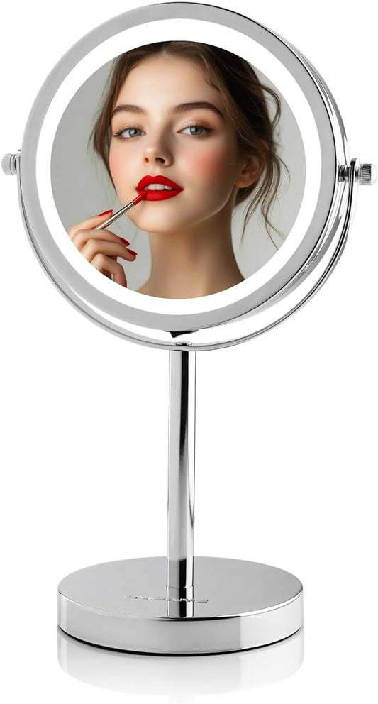 OVENTE 6" Lighted Makeup Mirror with 1X/7X Magnification, Cordless Tabletop Mount Vanity Round Mirror with 360° Swivel Design and Double Sided Cool Tone LED Ring Light, Polished Chrome MLT60CH1X7X