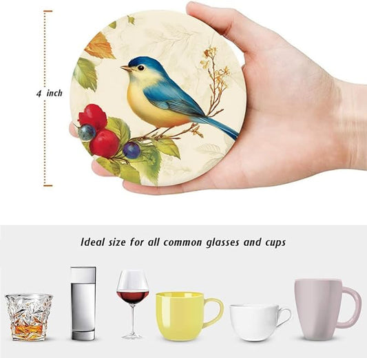 6Pcs Drink Coasters with Holder, Vintage Spring Birds Floral Absorbent Ceramic Drink Coaster with Cork Base, Home Bar Table & Office Decor House Warming Gift