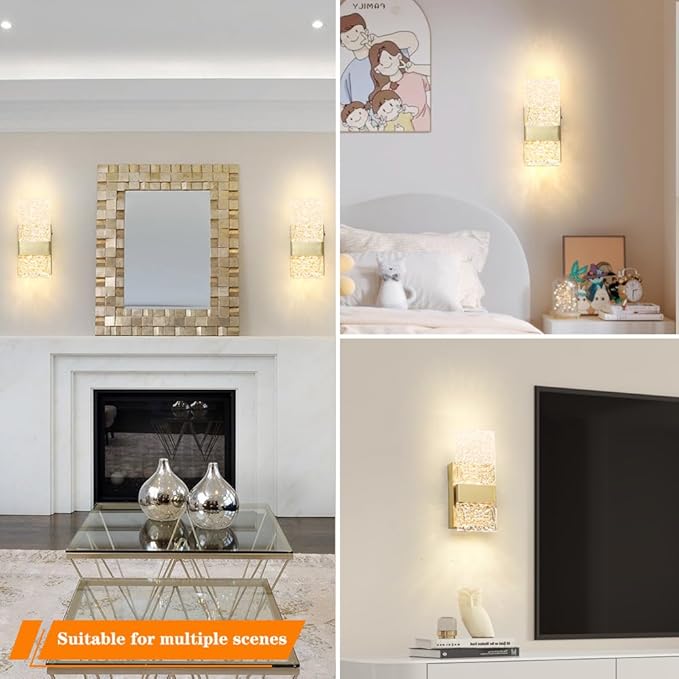 Modern Brushed Gold Battery Operated Wall Sconces Set of 2 - Rechargeable Brass LED Wall Sconce Lighting with Acrylic Shade, Wireless Bedroom/Living Room Art Deco Light Fixtures