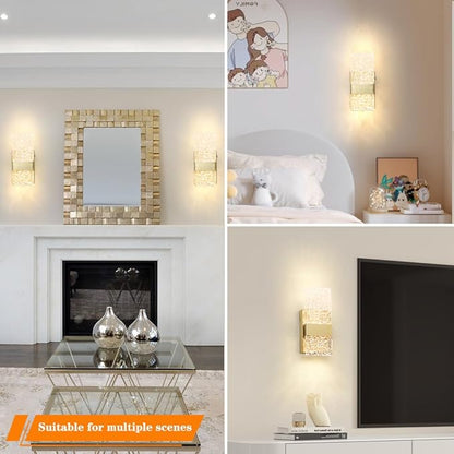 Modern Brushed Gold Battery Operated Wall Sconces Set of 2 - Rechargeable Brass LED Wall Sconce Lighting with Acrylic Shade, Wireless Bedroom/Living Room Art Deco Light Fixtures