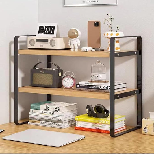 Hbluefat Desktop Organizer Shelf, 2-Tier Multipurpose Tabletop Storage Bookshelf, Small Wooden Countertop Storage Rack for Home Office Kitchen (Wood+Black)