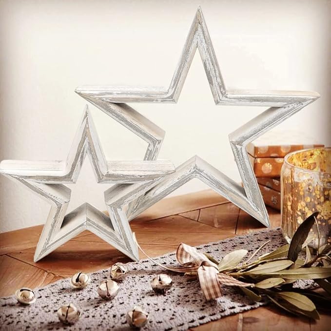 LOSOUR Set of 2 Decorative Objects Stars-Tiered Tray Decor, Coffee Table Decor, Shelf Decor Accents, Bookshelf Decor, Entry Table Decor, Desk Decor for Modern Farmhouse Decor (Washed White)
