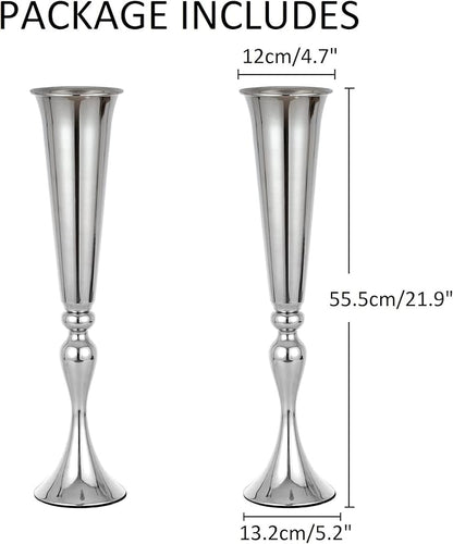 Set of 2 Versatile Metal Tabletop Flower Stands, Silver Dining Table Centerpiece Vases, 21.9" Tall Trumpet Vases for Wedding Birthday Ceremony Party Special Event Home Décor