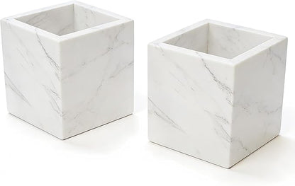 Marble Pen Holder, White Stone, Rectangular Desktop Organizer for Office Study (white)