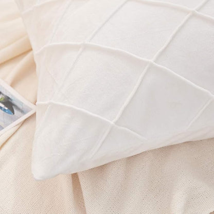 JAUXIO Diamond Pinch Pleated Crystal Velvet Pillowcases 2 Pack Solid Pintuck Throw Cushion Cover for Home Decor Hidden Zipper Closure (White, Standard)