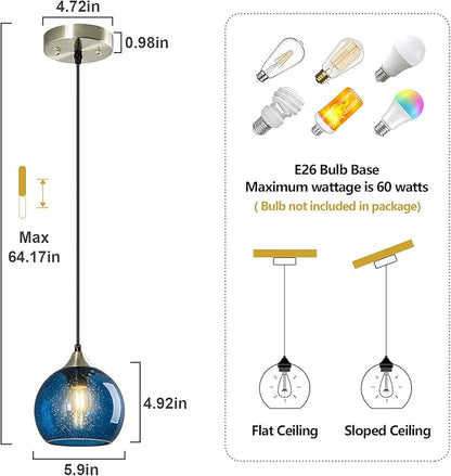 Blue Glass Pendant Lights Kitchen Island Lighting Globe Pendant Light Fixtures Modern Pendant Lighting for Kitchen Island Bedroom Living Dining Room Light Fixture(5.9in, 1-Pack)