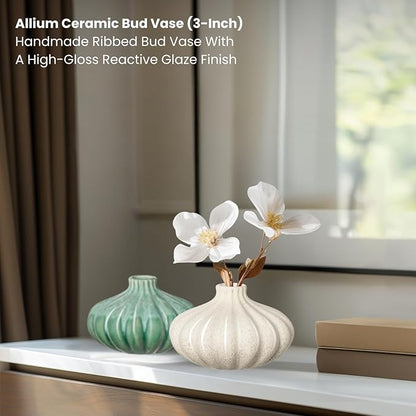 Torre & Tagus Allium Reactive Glaze Ceramic Bud Vase - 3 Inch Mini Flower Vase & Small Ceramic Vases for Flowers, Handmade Ribbed Bud Vases for Home Decor & Wedding Decor for Table