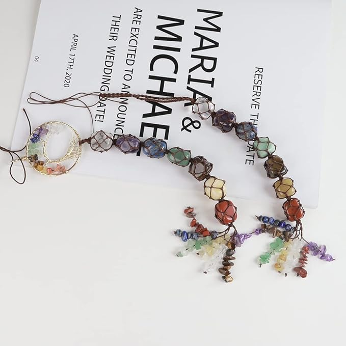 2 Pieces of 7 Chakras Healing Crystals and Tree of Life Wall Hanger Tumbled Gemstones Meditation Hanging Ornament Christmas Tree Memorial Hanging Pendant (Style 1)
