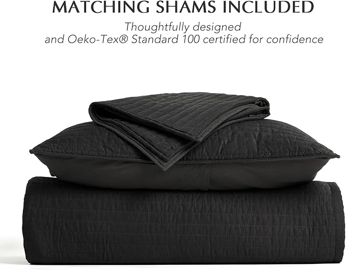 EVERGRACEHOME Cotton Sateen Quilt Set King Size, Pre-Washed Cotton Channel Stitch Coverlet Bedspread, 3 Pieces Lightweight Soft Bedding Sets for All Season, with 2 Pillow Shams, Washed Black