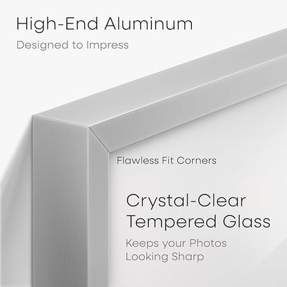 Homeforia A4 Picture Frame Silver, High End Metal 8.3 x 11.7 inch Silver Poster Frames with Mat 5.8 by 8.3 Art, A4 Frames Matted to A5 Photo, 8.3x11.7 Wall or Tabletop Frames, Tempered Glass, Set of 1