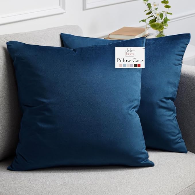 lalaLOOM Velvet Throw Pillow Covers, Set of 2 Decorative Square Pillows Home Decor, Soft Accent Cases, Silky Machine Washable Pillowcases for Sofa, Couch, Bedroom, Living Room, 16x16, Dark Blue