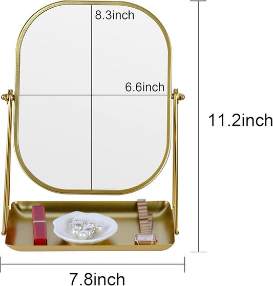 360 Degrees Rotating Metal Makeup Mirror with Storage, Vanity Mirror for Desk, Bathroom, Bedroom, Dressing Table (Gold)