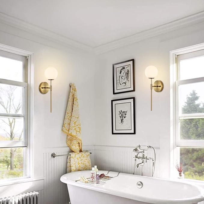 Gold Wall Sconce Set of 2 with White Globe Glass Shades Modern Mid Century Bathroom Vanity Wall Light Fixtures Industrial Brushed Brass Wall Lamp for Bedroom Mirror Living Room Restaurant