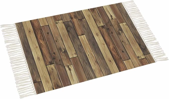 Brown Large Runner Rug 4X6 Ft Living Room Area Rug, Washable Woven Vintage Country Wooden Grain Throw Carpet with Tassel, Non-Shedding Farmhouse Cabin Retro Plank Stitching Art Bedroom Office Carpets